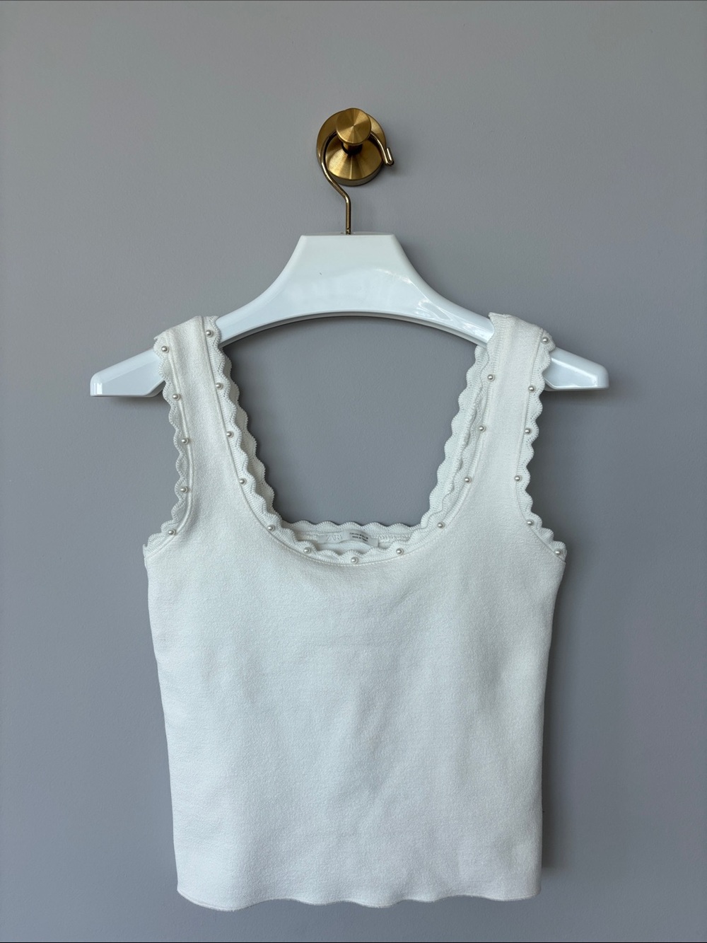Zara White Scalloped Pearl-Trim Tank Top